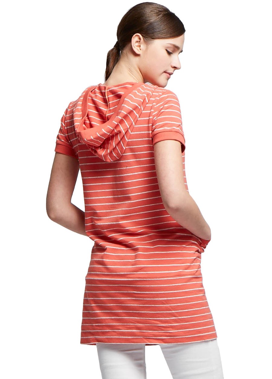 連帽開襟橫條基本款長版孕婦裝.哺乳衣