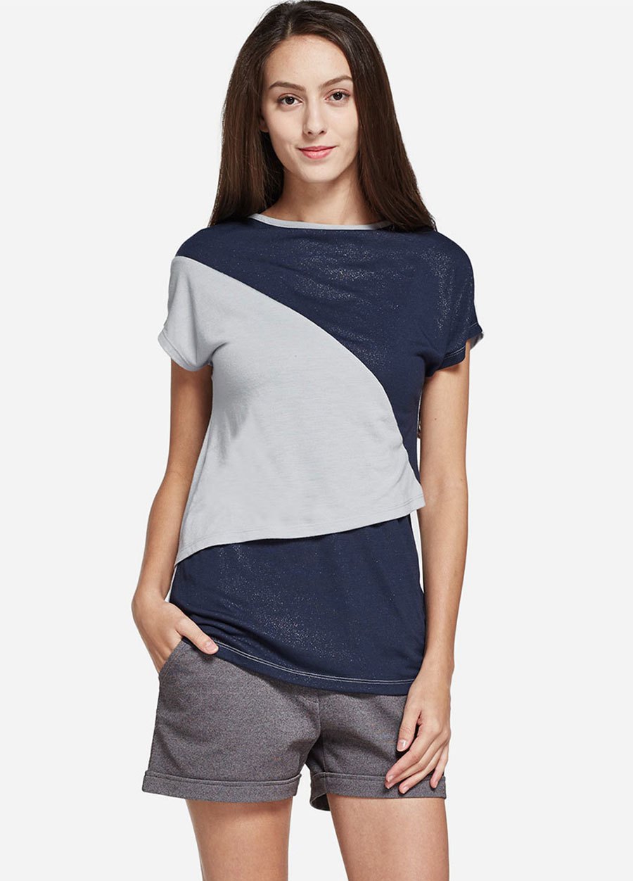 柔絲金屬感配色剪接哺乳上衣