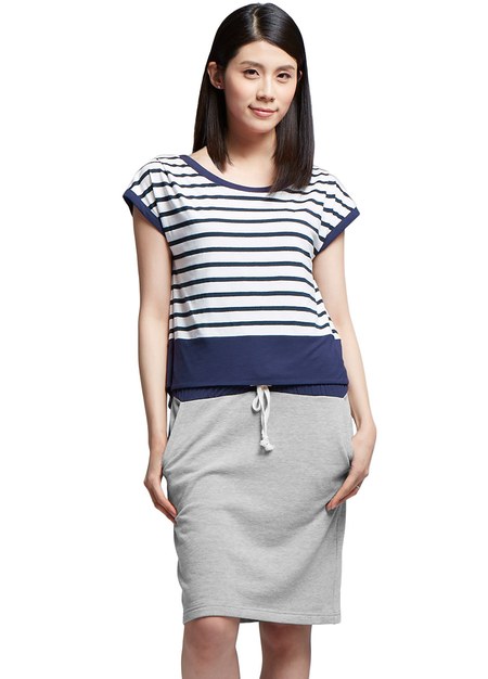 連袖條紋假兩件孕哺洋裝