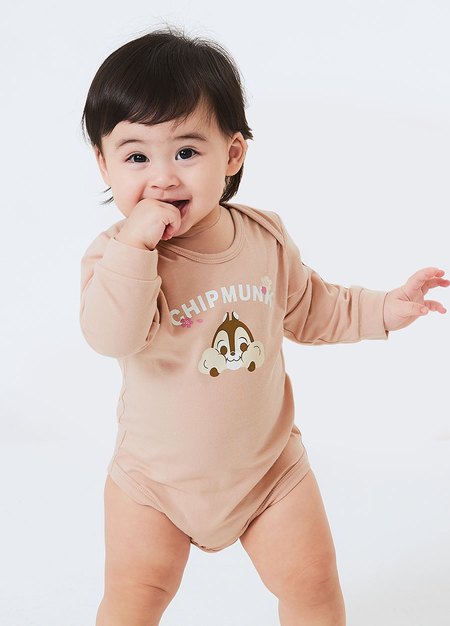 BABY迪士尼Q彈棉質長袖包屁衣-櫻花奇奇-灰粉3
