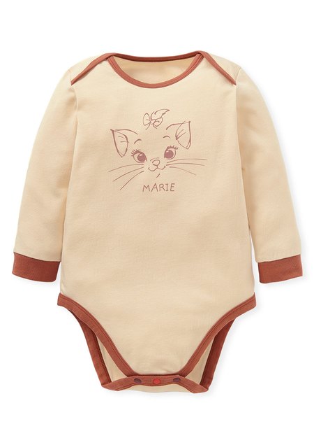 BABY迪士尼Q彈棉質長袖包屁衣-瑪麗貓-米色1