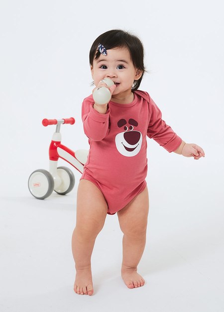 BABY迪士尼Q彈棉質長袖包屁衣-熊抱哥-桃紅3