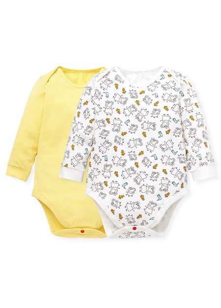 BABY Q彈棉質長袖包屁衣(2入)-線稿佩佩豬-淺黃1