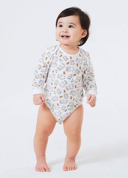 BABY Q彈棉質長袖包屁衣(2入)-線稿佩佩豬-淺黃2