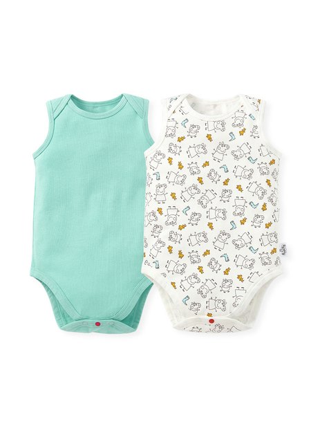 BABY Q彈棉質無袖包屁衣(2入)-線稿佩佩豬-淺綠1