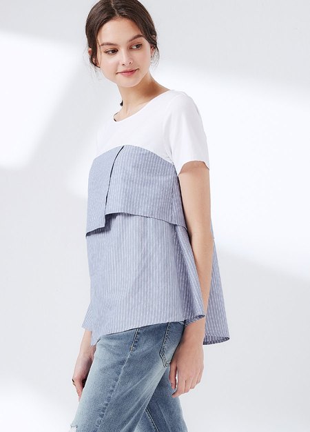 配色假兩件拼接孕哺上衣