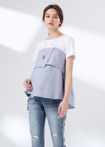 配色假兩件拼接孕哺上衣