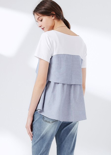 配色假兩件拼接孕哺上衣