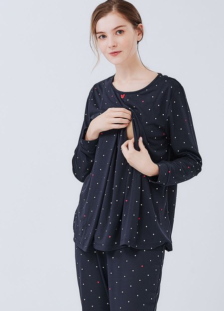 點點米奇頭孕哺居家服組(長袖+長褲)-深藍2