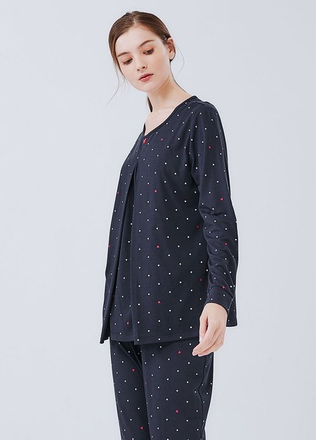 點點米奇頭孕哺居家服組(長袖+長褲)-深藍3
