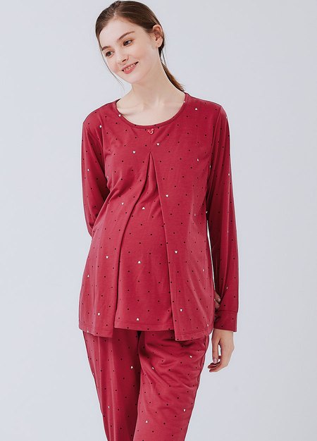 點點米奇頭孕哺居家服組(長袖+長褲)-磚紅1
