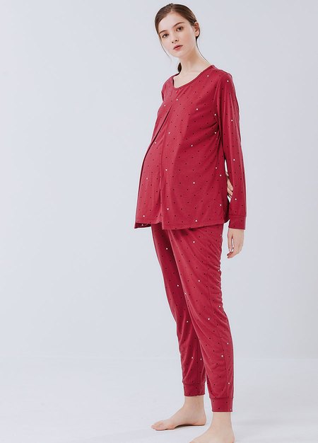 點點米奇頭孕哺居家服組(長袖+長褲)-磚紅2