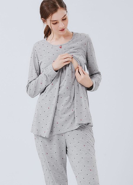 點點米奇頭孕哺居家服組(長袖+長褲)-淺灰2