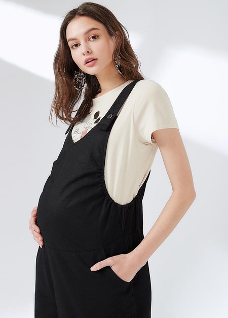 棉麻吊帶孕婦寬褲-黑色3