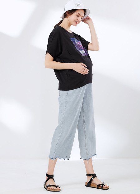 不規則抽鬚牛仔孕婦寬褲