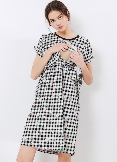 格紋櫻桃荷葉孕哺居家服組(洋裝+長褲)-黑色2