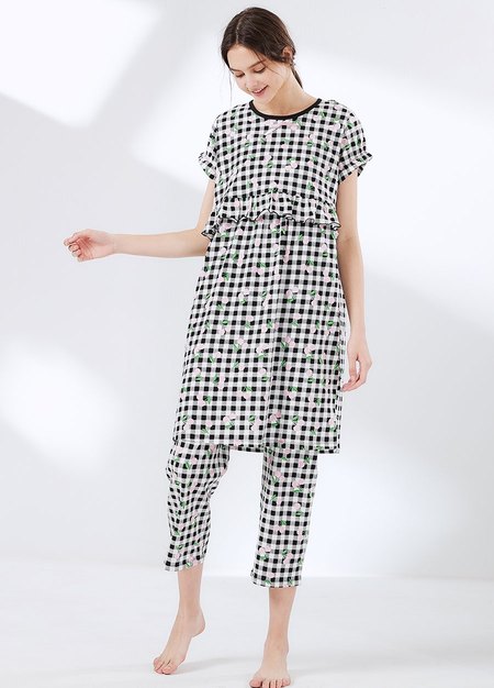 格紋櫻桃荷葉孕哺居家服組(洋裝+長褲)-黑色4