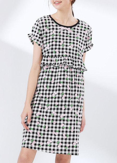 格紋櫻桃荷葉孕哺居家服組(洋裝+長褲)