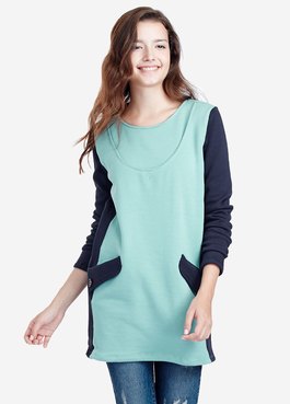 色塊內刷毛長版孕婦裝.哺乳衣 - 淺湖綠