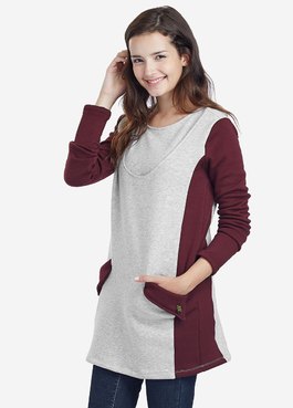 色塊內刷毛長版孕婦裝.哺乳衣 - 米麻灰