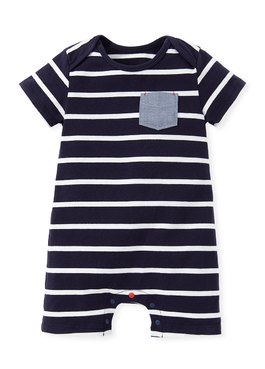 BABY橫紋口袋配色包屁衣 - 深藍
