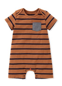 BABY橫紋口袋配色包屁衣 - 咖啡