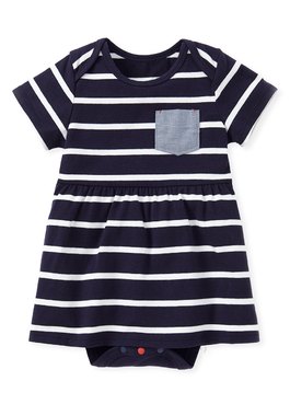 BABY橫紋口袋配色包屁洋裝 - 深藍