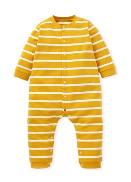 BABY長袖連身衣-條紋 - 芥黃