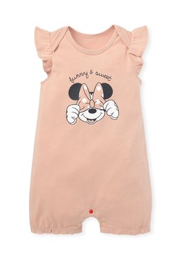 BABY迪士尼Q彈荷葉連身包屁衣-遮眼米妮 - 粉橘