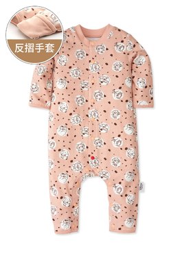 新生兒長袖連身衣-點點貓狗 - 灰粉