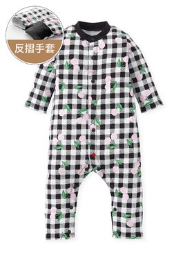 新生兒格紋櫻桃長袖連身衣 - 黑色