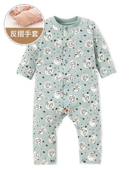 新生兒長袖連身衣-點點貓狗 - 灰藍
