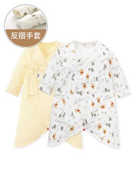 新生兒Q彈棉質蝴蝶衣(2入)-森林維尼 - 淺黃