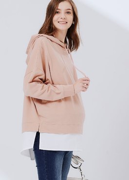 棉質連帽假兩件孕哺罩衫 - 灰粉