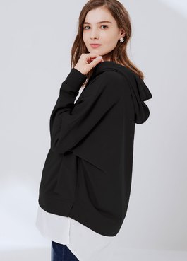 棉質連帽假兩件孕哺罩衫 - 黑色