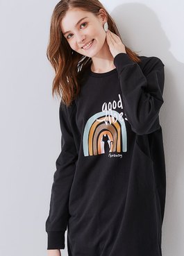 棉質寬鬆印花長版孕哺上衣 - 黑色