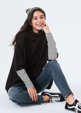 寬鬆垂領假兩件孕哺罩衫 - 黑色