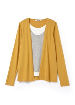 拼色假兩件孕哺開襟上衣 - 芥黃