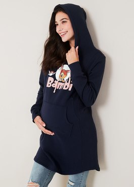 迪士尼小鹿斑比長版厚刷毛孕哺帽T - 深藍