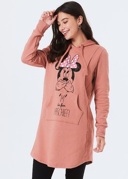 迪士尼米妮長版厚刷毛孕哺帽T - 粉橘