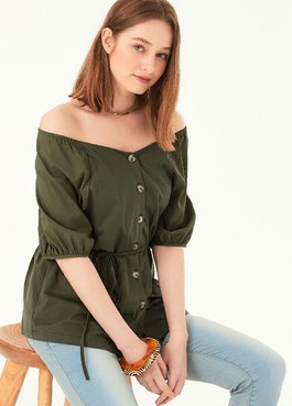 V領澎袖拼接孕哺上衣 - 橄綠
