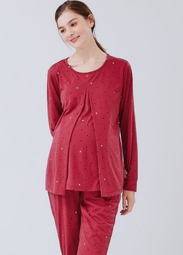 點點米奇頭孕哺居家服組(長袖+長褲) - 磚紅