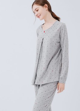 點點米奇頭孕哺居家服組(長袖+長褲) - 淺灰