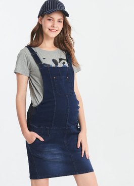 孕期水洗牛仔吊帶裙 - 深藍