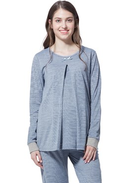 條紋孕哺居家服組(網路限定) - 麻花藍灰條