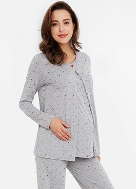 迪士尼點點米奇頭孕哺居家服組 - 淺麻灰