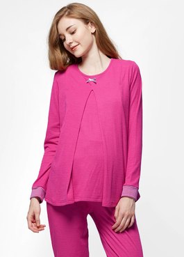 雙色棉花糖孕哺居家組(長袖+長褲) - 深粉紅