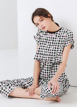 格紋櫻桃荷葉孕哺居家服組(洋裝+長褲) - 黑色