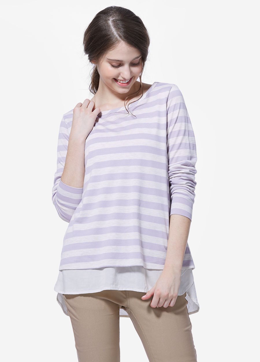 下擺剪接橫紋孕哺上衣