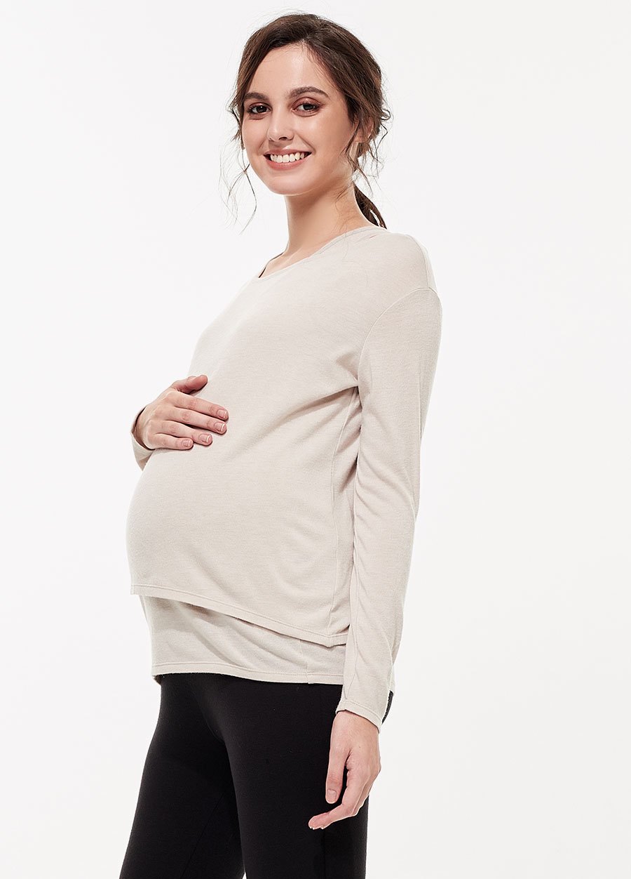 薄暖斜下擺真兩件孕哺上衣(哺乳背心+上衣)